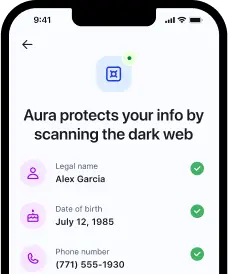 Aura mobile app screen showing message: "Aura protects your info by scanning the dark web"