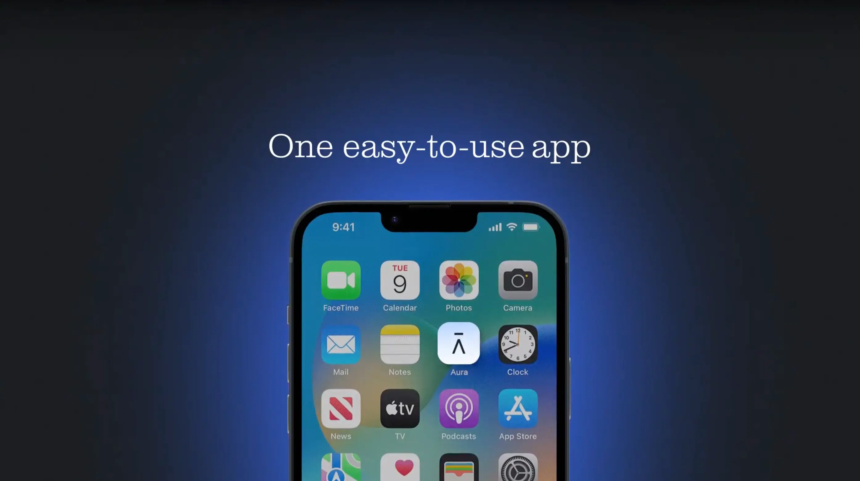 Video preview showing half of an iPhone homescreen with the Aura app, described as "One easy-to-use app"